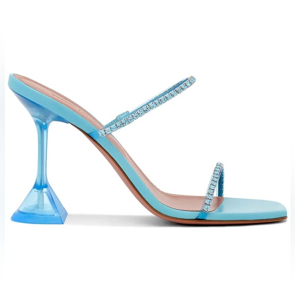 Amina Muaddi Gilda Glass Aqua Blue PVC Crystal Strap Mule Pumps - Picture 2 of 14